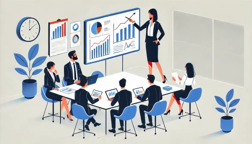 Persona trabajando en oficina con gráficos y computador, representando la administración de empresas