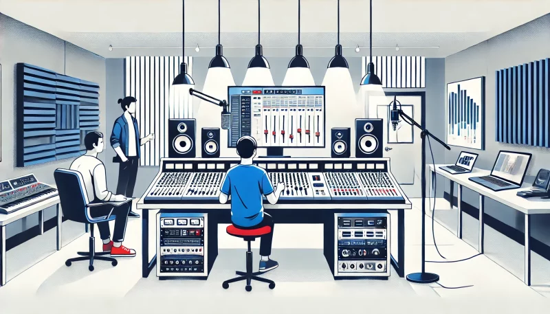 Técnico de sonido trabajando en una consola de mezcla profesional