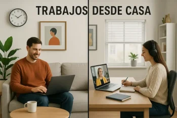Persona trabajando cómodamente desde su casa.