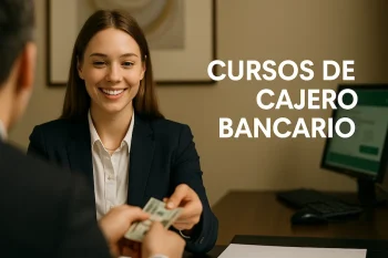 Mujer trabajando como cajero bancario en oficina moderna