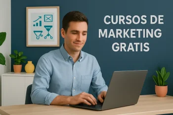Hombre joven en oficina con laptop y texto Cursos de Marketing Gratis.